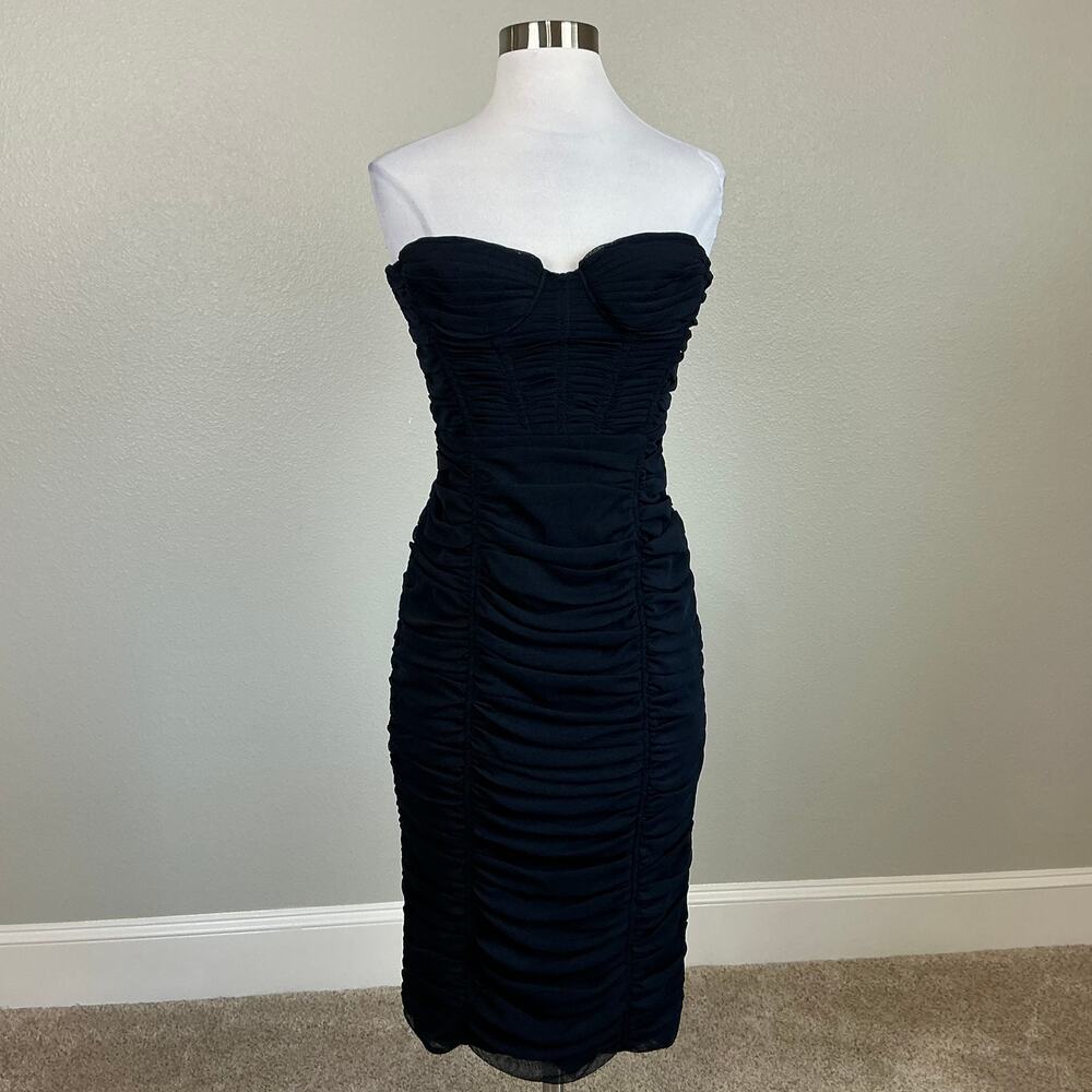 BCBGMAXAZRIA Women's Cocktail Dress Size 8 Blue Strapless Ruched Midi Sheath - Picture 2 of 13